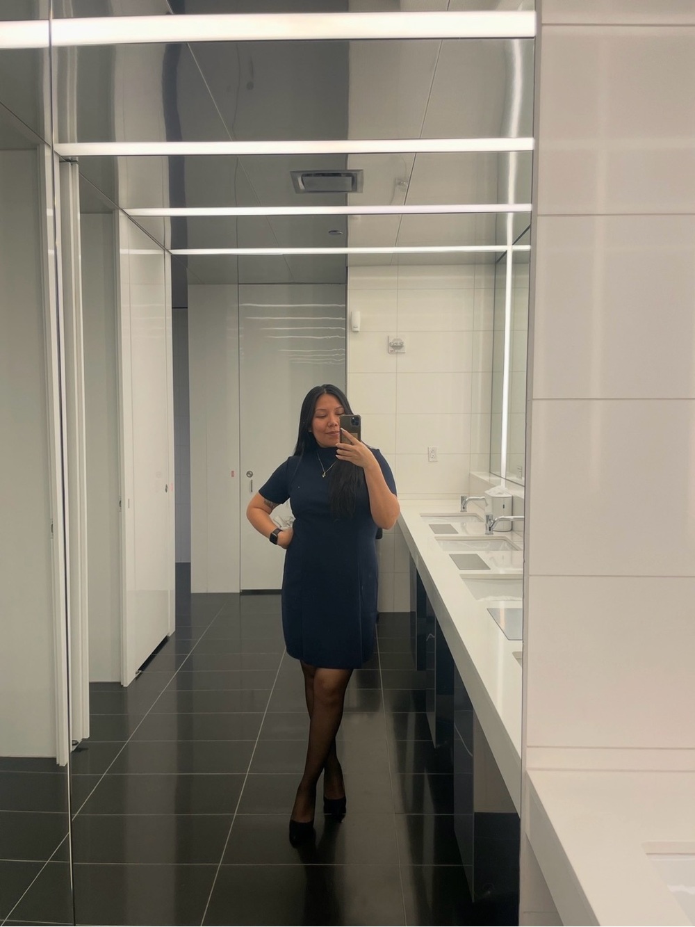 Zara Navy Short-Sleeve Mock Neck Shift Dress